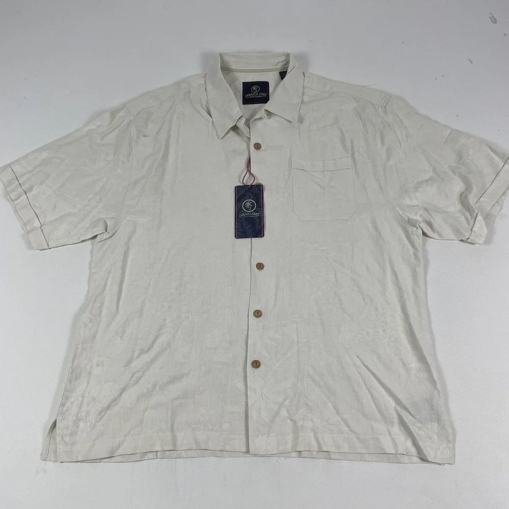 Jamaica Jaxx Shirt Mens‎ 2XL White Silk Jacquard Camp Short Sleeve Button Front
